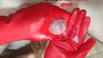 Cumming hard from my jerking off with rubber gloves