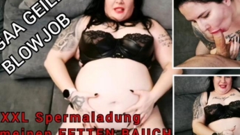 USERWUNSCH! GENUSSVOLLER BLOWJOB mit RIESEN SAUEREI AUF MEINEM FETTEN BAUCH!!!